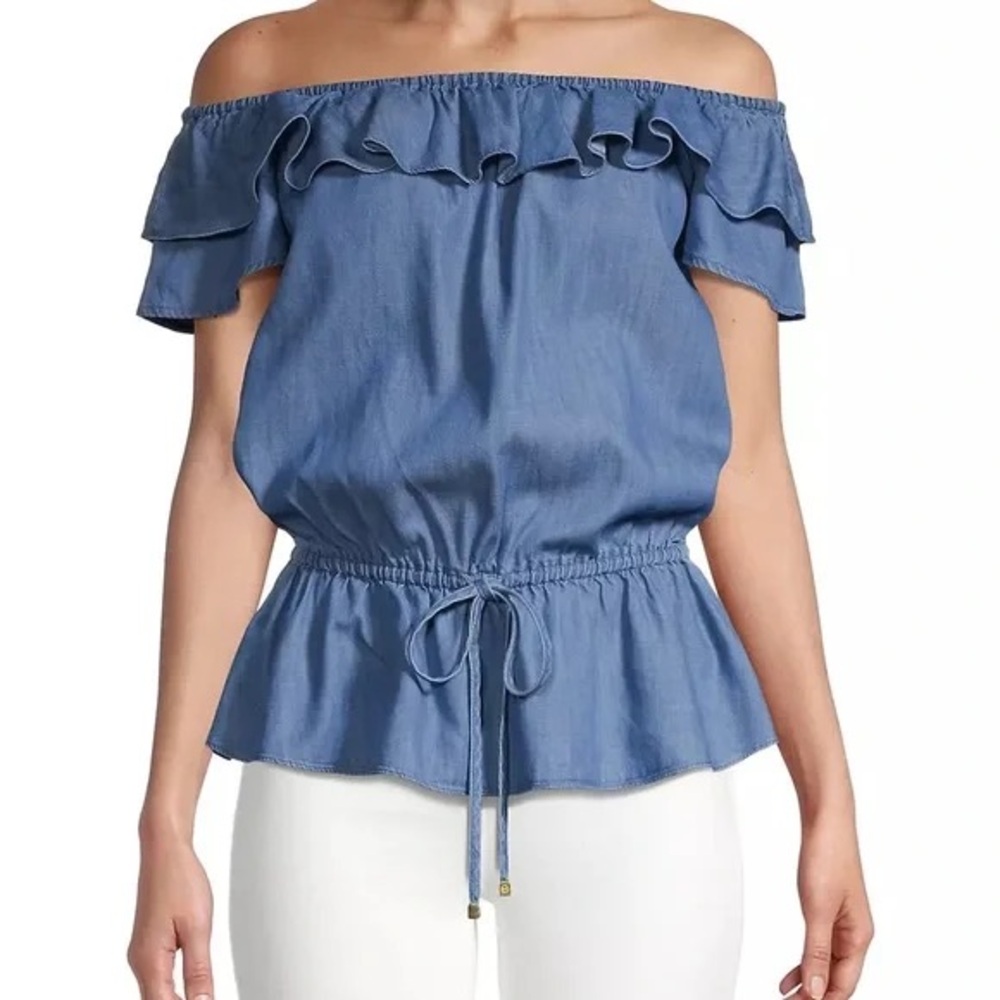 NWT Michael Kors Chambray Off Shoulder Peplum Top, XS